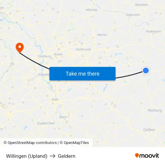 Willingen (Upland) to Geldern map