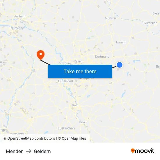 Menden to Geldern map