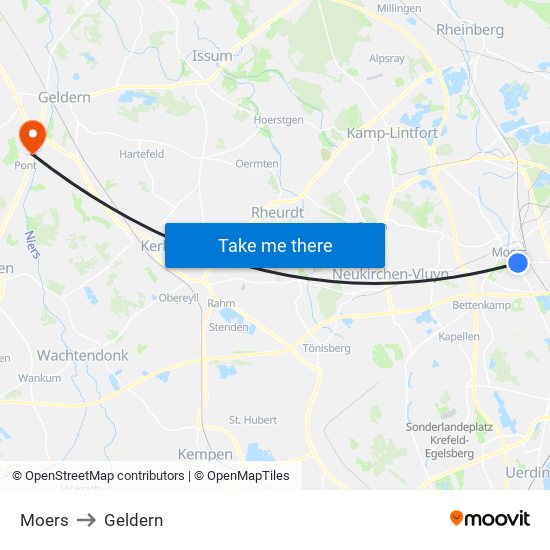 Moers to Geldern map