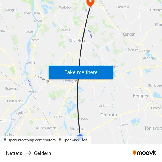 Nettetal to Geldern map