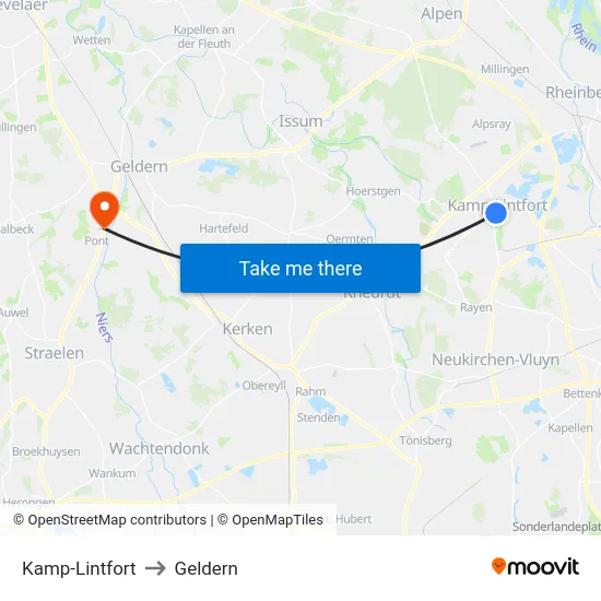 Kamp-Lintfort to Geldern map