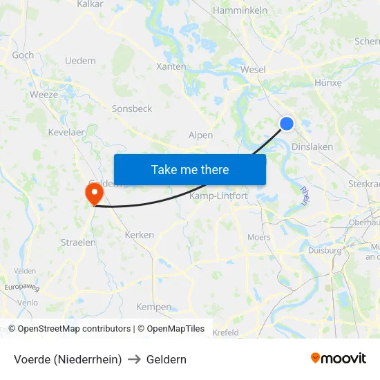 Voerde (Niederrhein) to Geldern map