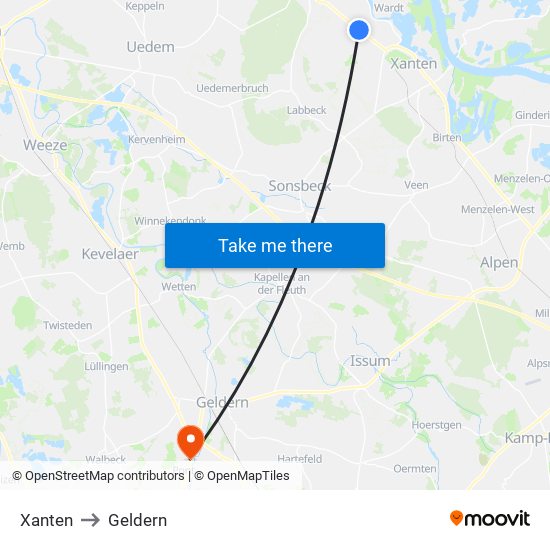 Xanten to Geldern map