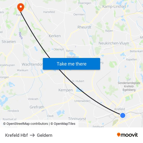 Krefeld Hbf to Geldern map