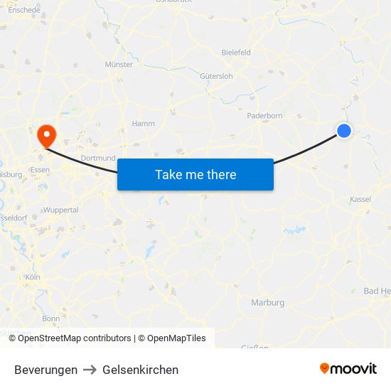 Beverungen to Gelsenkirchen map