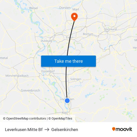 Leverkusen Mitte Bf to Gelsenkirchen map