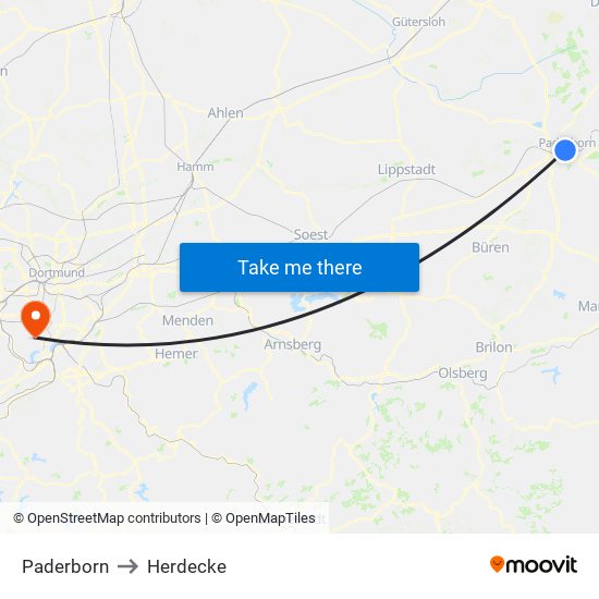 Paderborn to Herdecke map