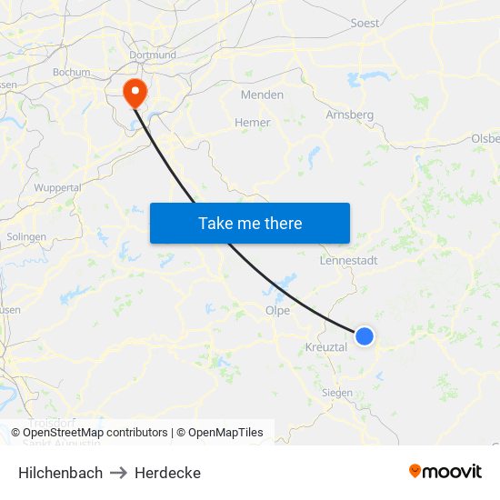 Hilchenbach to Herdecke map