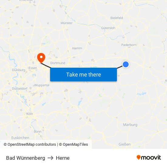 Bad Wünnenberg to Herne map