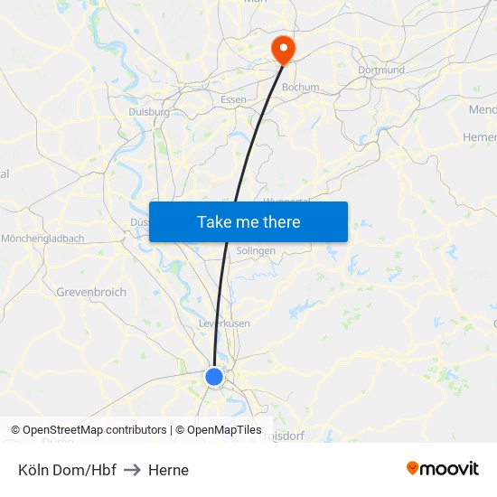 Köln Dom/Hbf to Herne map