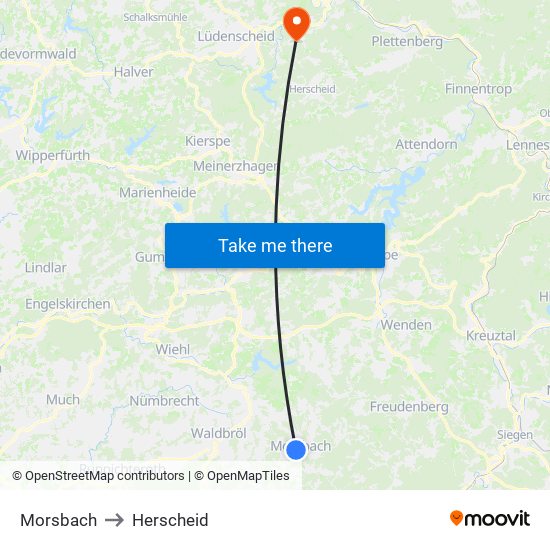 Morsbach to Herscheid map