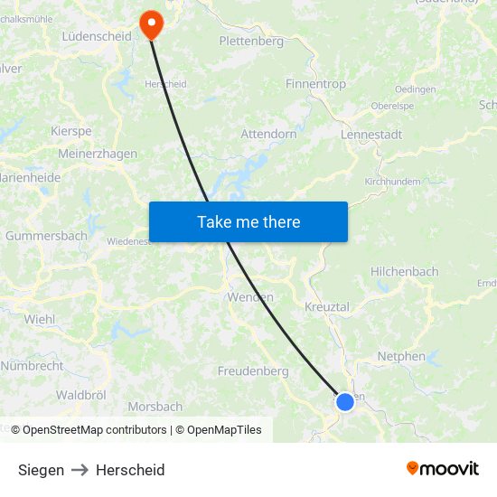 Siegen to Herscheid map