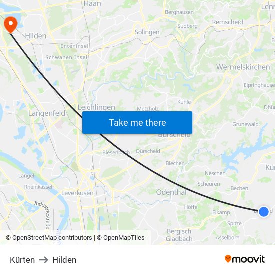 Kürten to Hilden map