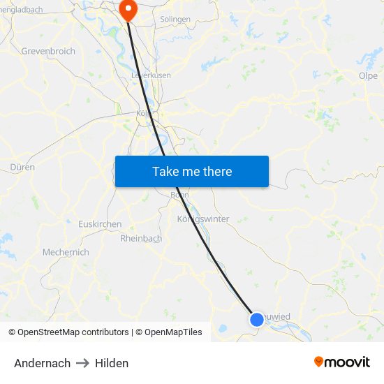 Andernach to Hilden map