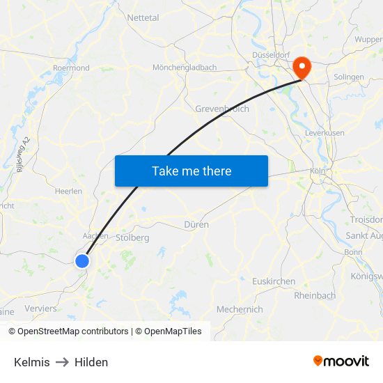 Kelmis to Hilden map