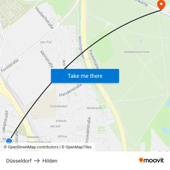Düsseldorf to Hilden map