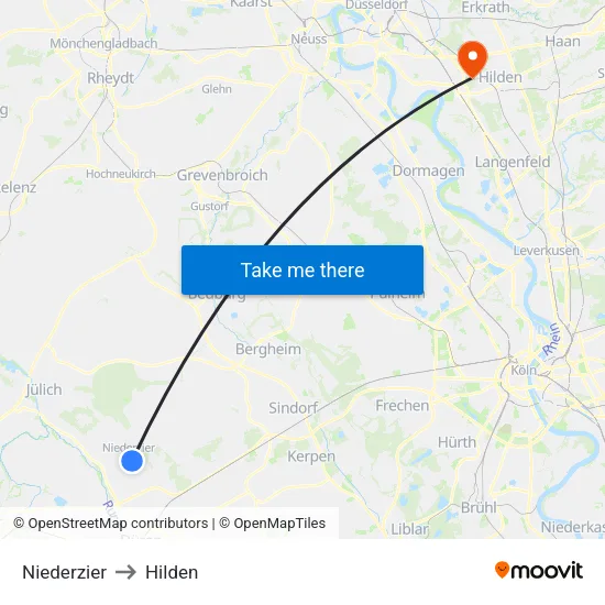 Niederzier to Hilden map