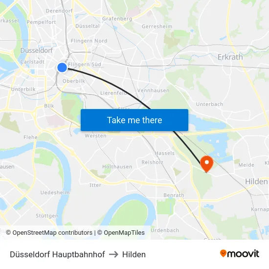 Düsseldorf Hauptbahnhof to Hilden map