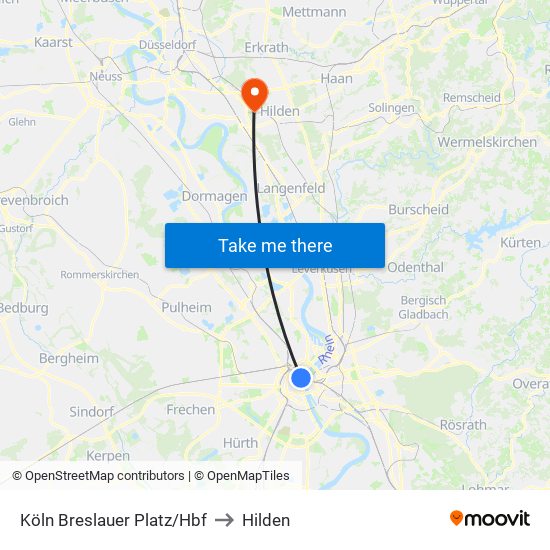 Köln Breslauer Platz/Hbf to Hilden map