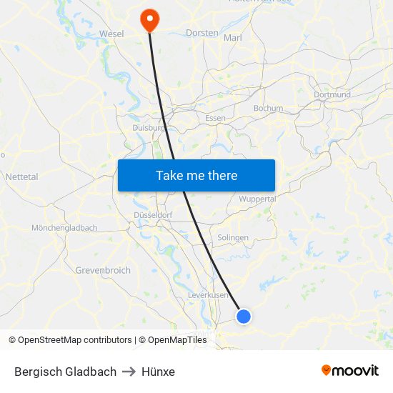 Bergisch Gladbach to Hünxe map