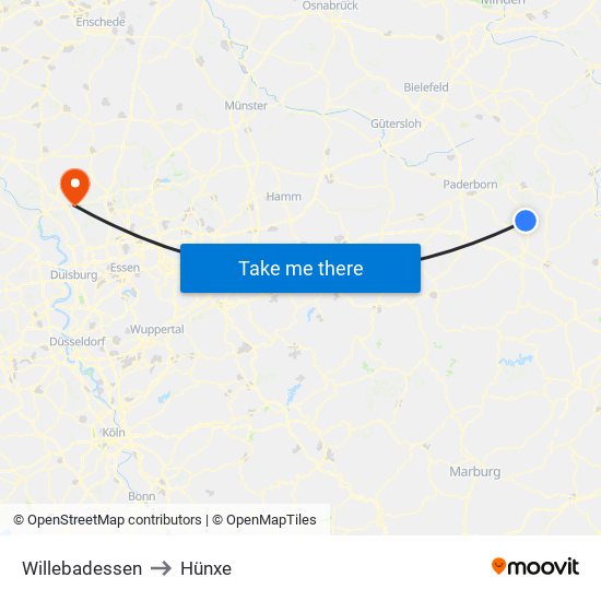 Willebadessen to Hünxe map