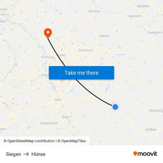 Siegen to Hünxe map