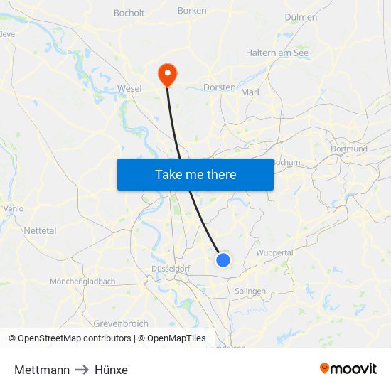 Mettmann to Hünxe map