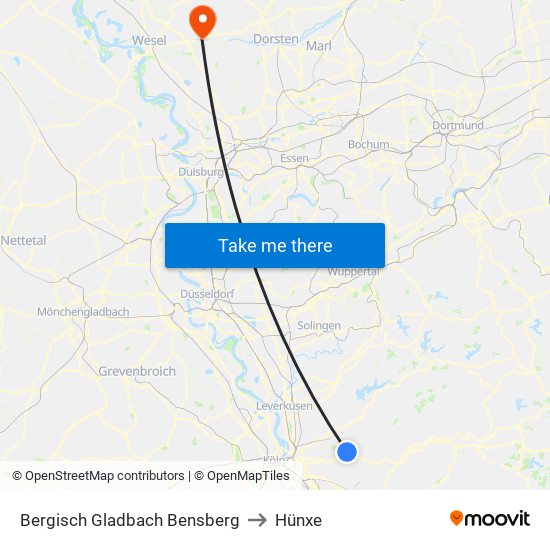 Bergisch Gladbach Bensberg to Hünxe map