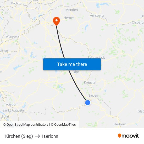 Kirchen (Sieg) to Iserlohn map