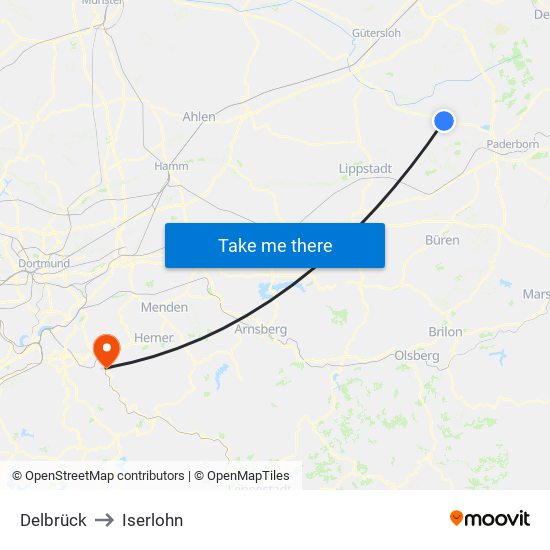 Delbrück to Iserlohn map