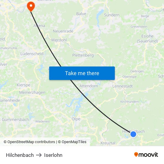 Hilchenbach to Iserlohn map