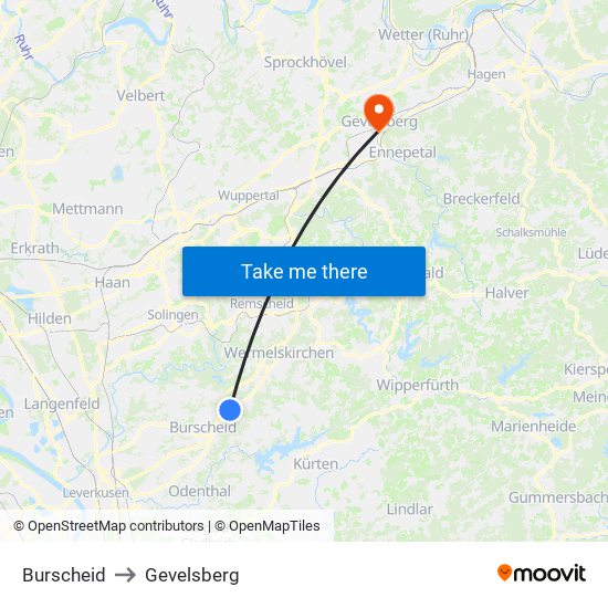Burscheid to Gevelsberg map