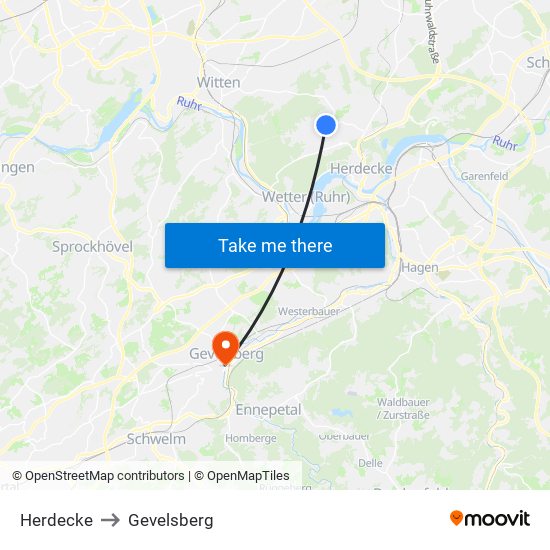 Herdecke to Gevelsberg map