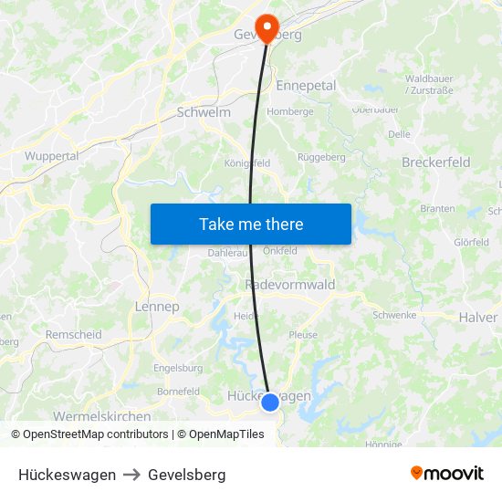 Hückeswagen to Gevelsberg map