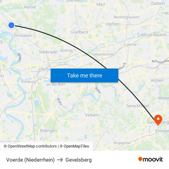 Voerde (Niederrhein) to Gevelsberg map