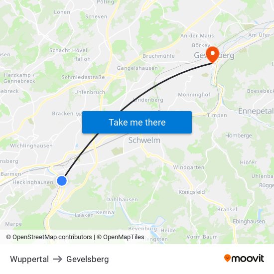 Wuppertal to Gevelsberg map