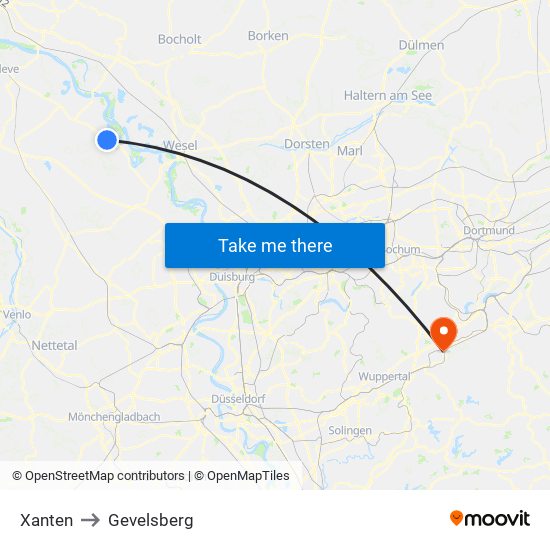 Xanten to Gevelsberg map