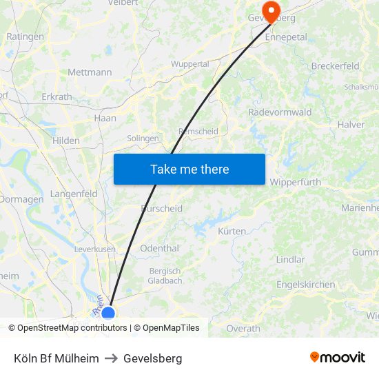Köln Bf Mülheim to Gevelsberg map