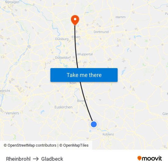 Rheinbrohl to Gladbeck map