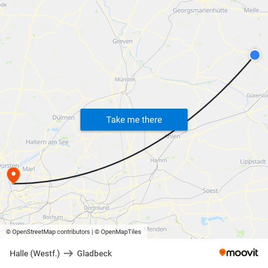 Halle (Westf.) to Gladbeck map