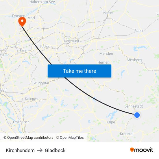 Kirchhundem to Gladbeck map