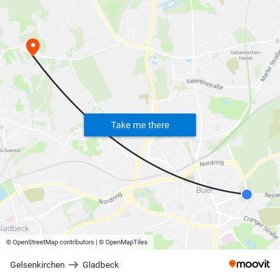 Gelsenkirchen to Gladbeck map