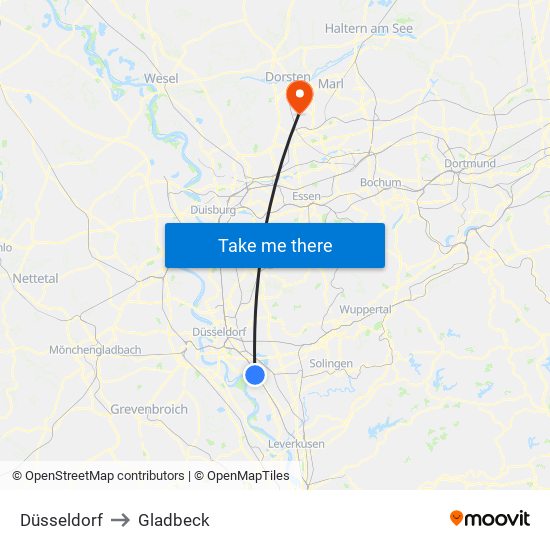 Düsseldorf to Gladbeck map