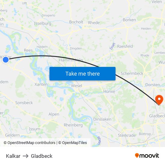 Kalkar to Gladbeck map