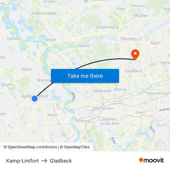 Kamp-Lintfort to Gladbeck map