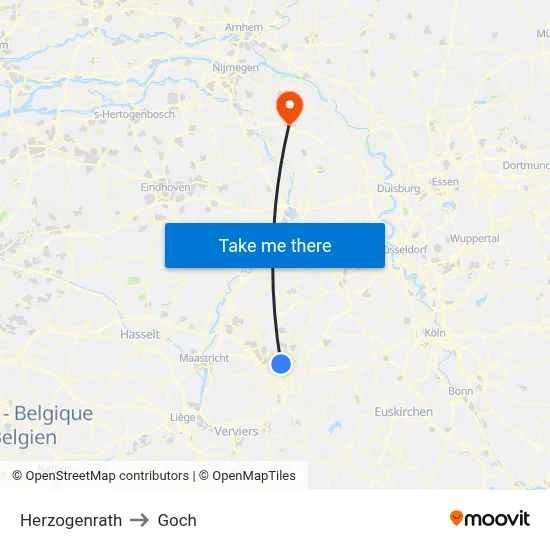 Herzogenrath to Goch map