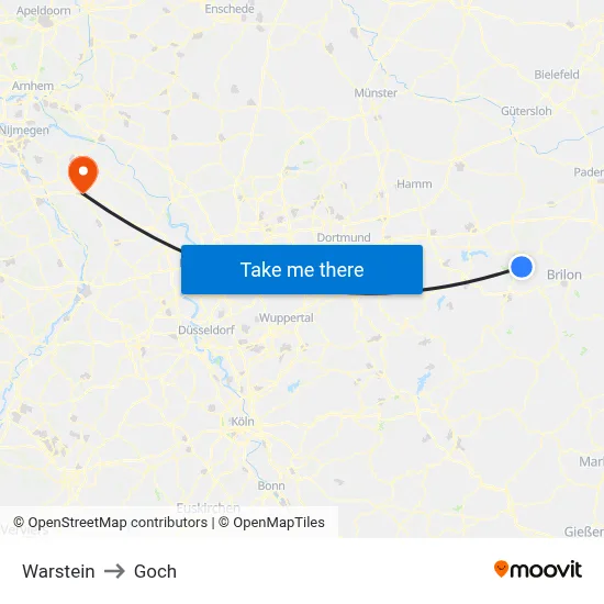 Warstein to Goch map