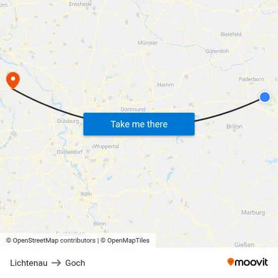Lichtenau to Goch map