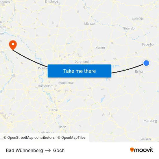 Bad Wünnenberg to Goch map