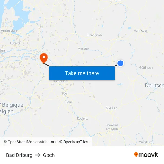 Bad Driburg to Goch map
